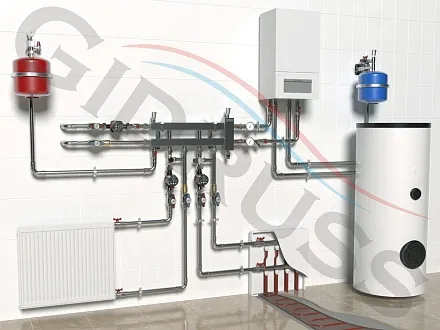 3D-визуализация типового решения схемы отопления частного дома с настенным газовым котлом 3D-визуализация типового решения схемы отопления частного дома с настенным газовым котлом
