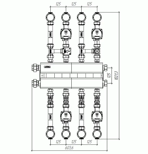Обвязка коллектора отопления на 4 контура с насосными группами до 100 кВт - TU-MK100-4 (анонс)