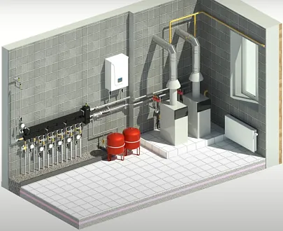 3D-компоновка котельной для централизованного отопления нескольких домов