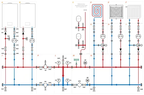 Схема обвязки 2 настенных газовых котлов каскадом до 600 кВт (предпросмотр)