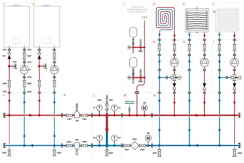 Схема обвязки 2 настенных газовых котлов каскадом до 600 кВт (предпросмотр)
