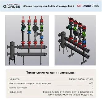 Обвязка гидрострелки DN80 на 2 контура DN65 Обвязка гидрострелки DN80 на 2 контура DN65