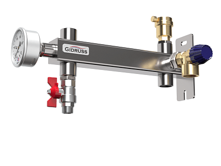 Группа безопасности бойлера до 200 л консольная под расширительный бак до 35 л BKSS-35-15-6 (Aisi 304, в к-те: предохр. клапан ½″ на 6 бар, манометр, воздухоотводчик)