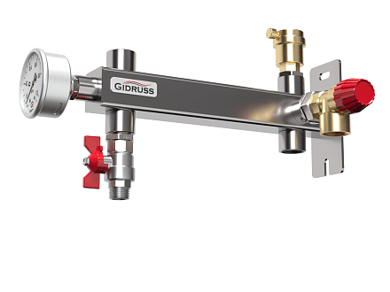 Группа безопасности для отопления под расширительный бак до 35 л BKSS-35-15-3 (Aisi 304, в к-те: предохр. клапан ½″ на 3 бар, манометр, воздухоотводчик)