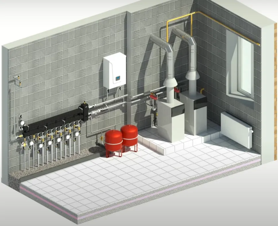 3D-компоновка котельной для централизованного отопления нескольких домов 3D-компоновка котельной для централизованного отопления нескольких домов