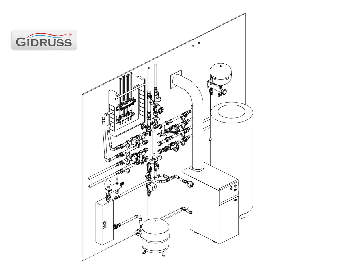 Изометрия котельной в подвале или цоколе с газовым котлом BAXI и резервным электрическим Изометрия котельной в подвале или цоколе с газовым котлом BAXI и резервным электрическим