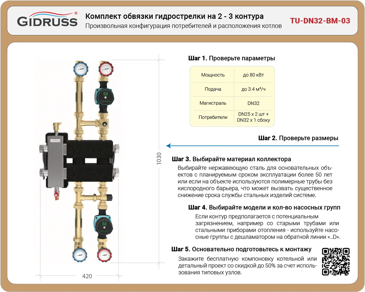 Комплект обвязки гидрострелки на 2 - 3 контура TU-DN32-BM-03