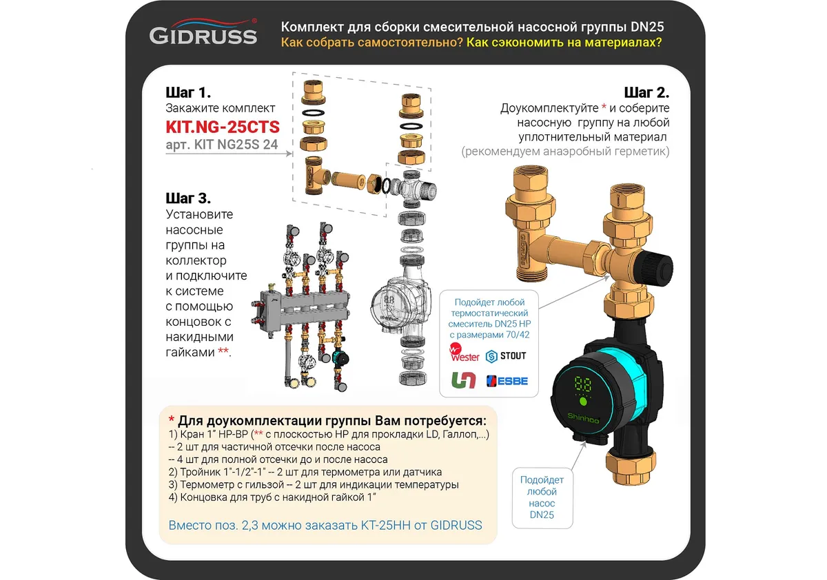 Комплект для самостоятельной сборки насосной группы с термостатическим смесителем KIT.NG-25CTS Комплект для самостоятельной сборки насосной группы с термостатическим смесителем KIT.NG-25CTS
