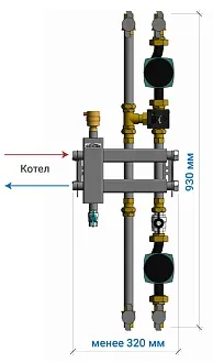 Подходит для котельной, где 1 потребитель подводится снизу, а второй вдоль котла сверху